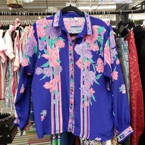 Vintage Blue Floral Button-Up Blouse with Pink & Lavender Accents